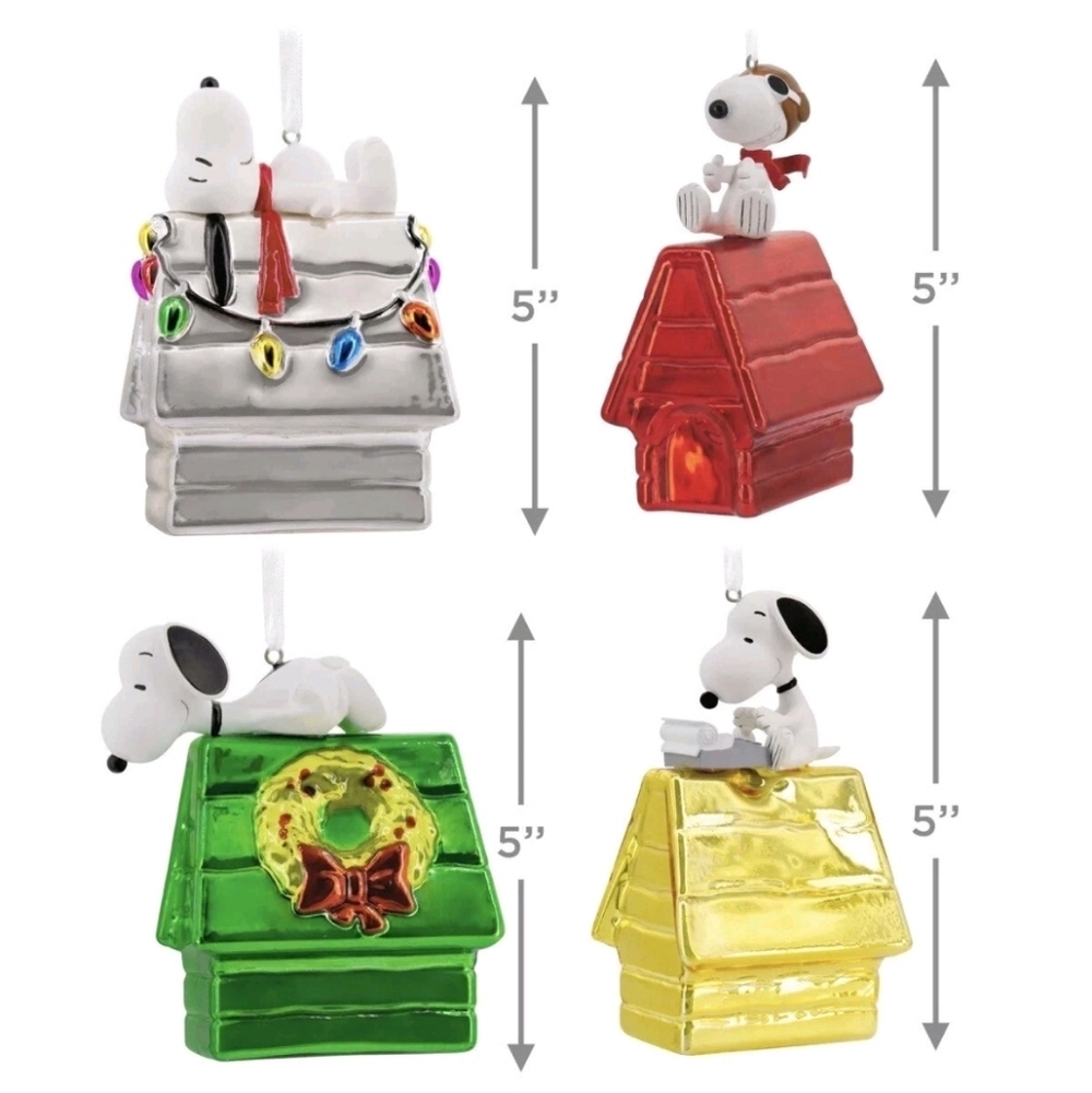 Hallmark Set of 4 Christmas Glass Ornaments Peanuts Snoopy Doghouse  5" - Picture 3 of 5